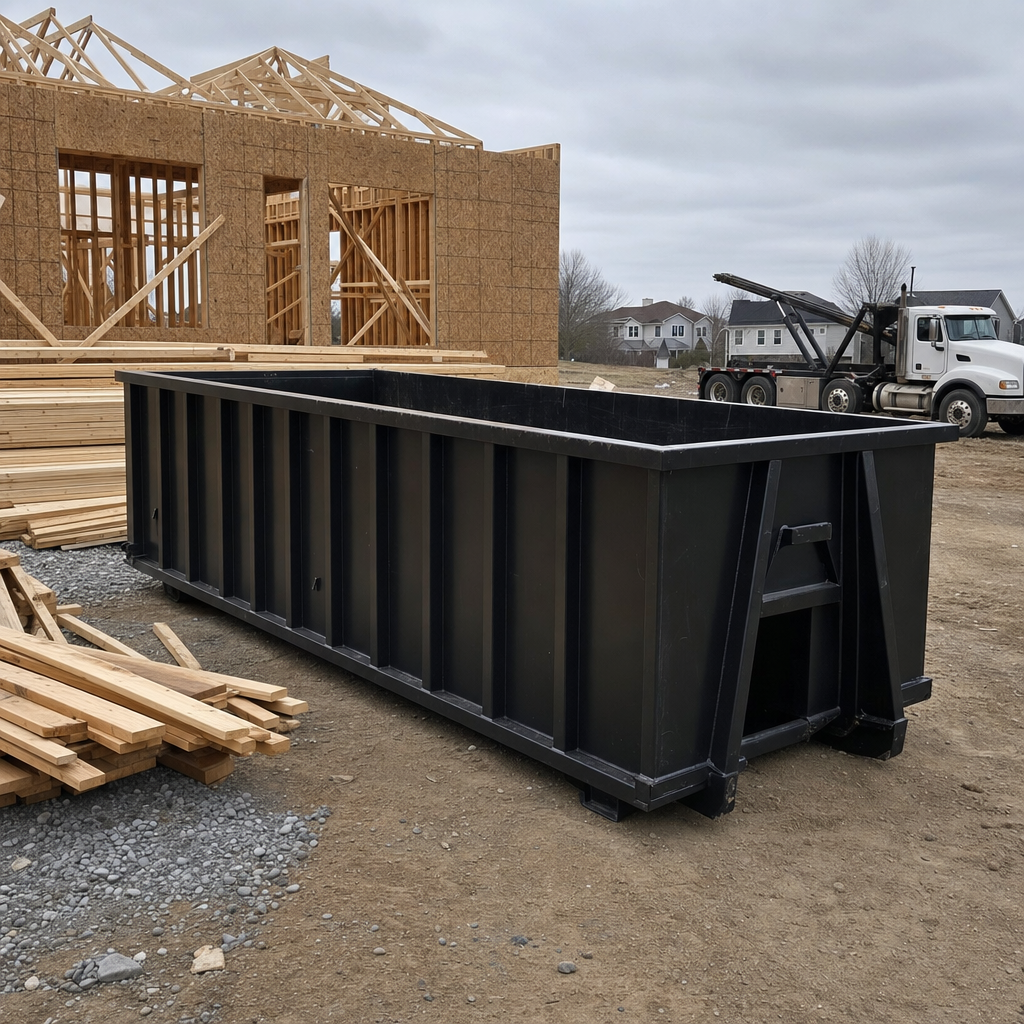 Matte-black 40-yard roll-off dumpster staged on a framed-out residential construction site in Haverhill, framing lumber stacked nearby, hooklift delivery truck visible in the background under bright Colorado daylight