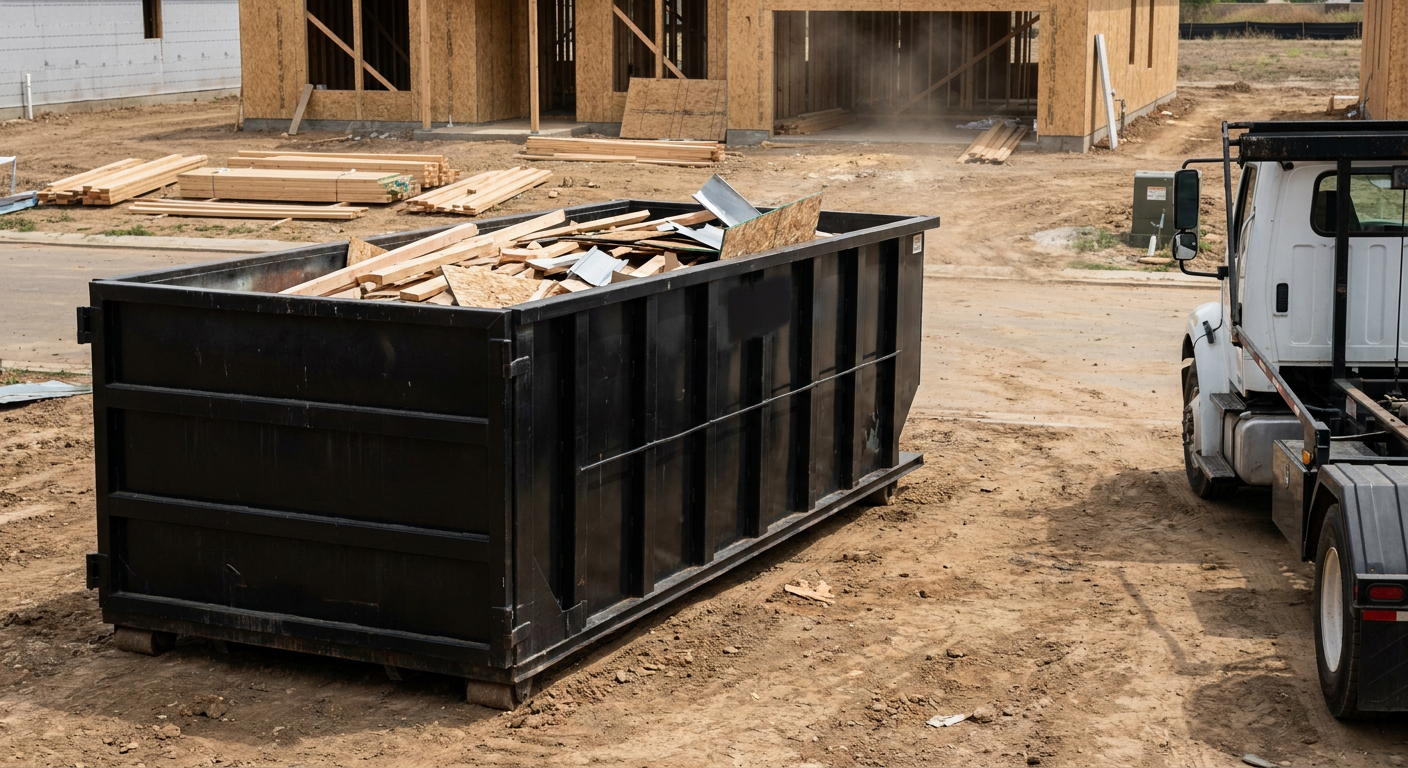 Matte-black 20-yard roll-off construction dumpster with heavy ribbed steel sidewalls and swing rear doors at a working jobsite in Haverhill, sitting directly on compacted dirt with an unmarked white hauler partially visible at the far edge of the frame.