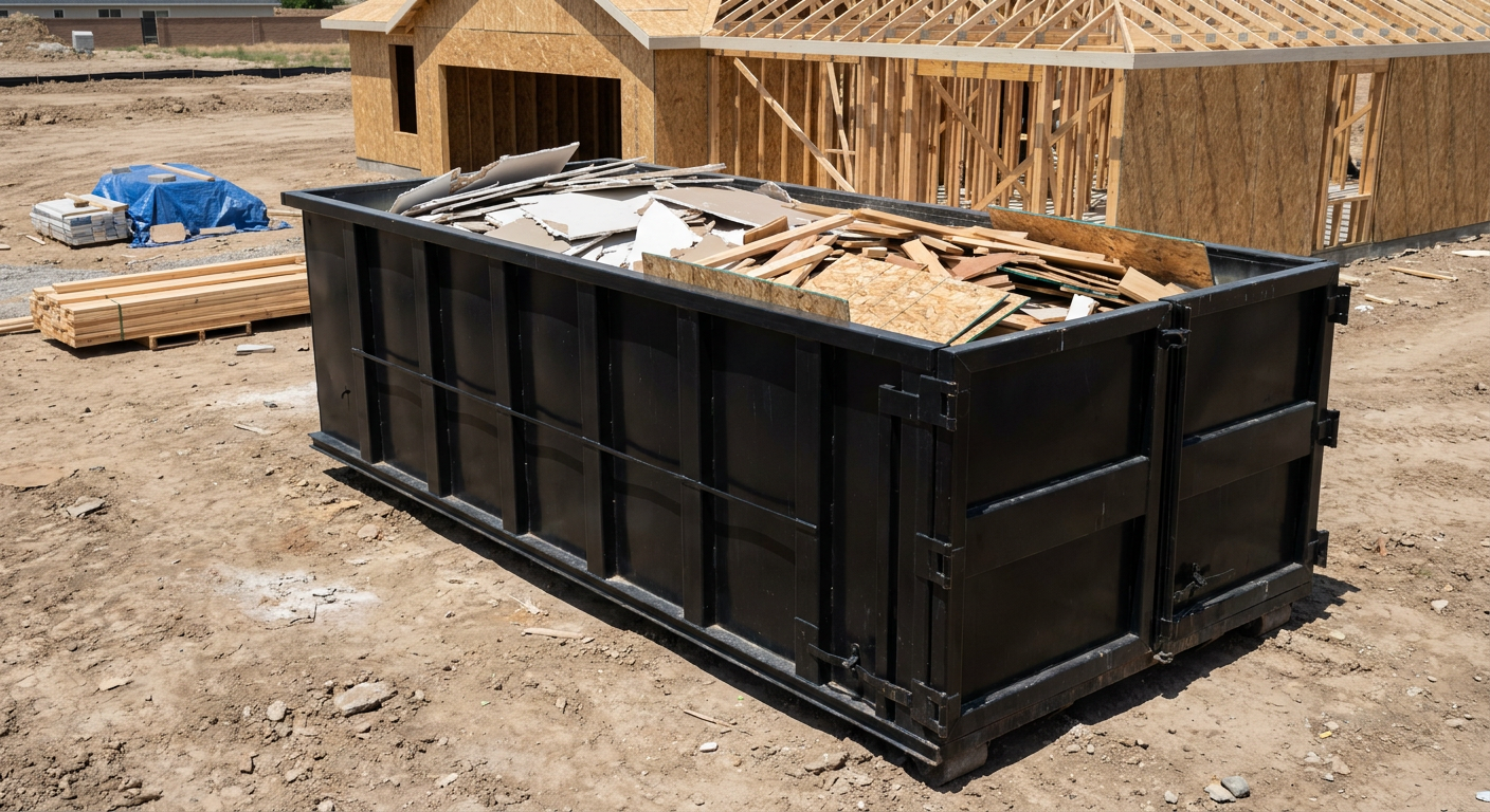 Matte-black 30-yard roll-off construction dumpster sitting directly on the compacted-dirt site of a framed single-family home build in Haverhill, drywall and lumber scrap loaded inside.