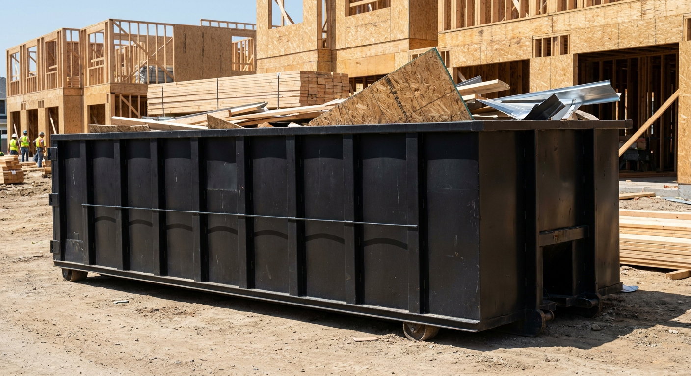 Matte-black 40-yard roll-off construction dumpster being lowered from a white-cab hooklift delivery truck onto the compacted-dirt jobsite at a commercial build site in Haverhill