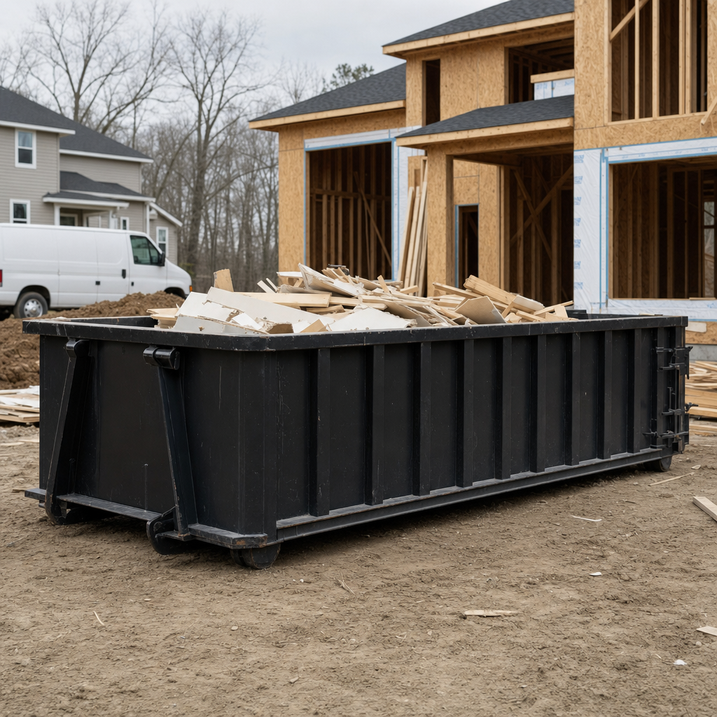 Worker in a yellow high-visibility vest tossing framing lumber and broken drywall into a matte-black 30-yard construction roll-off dumpster on an active build site in Haverhill, bright daylight