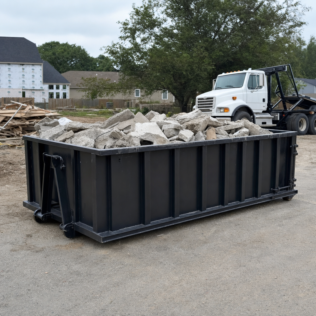 Low-profile matte-black lowboy roll-off dumpster loaded with broken concrete slab and rebar at a foundation tear-out in Haverhill, skid steer parked beside it, sunny Colorado morning