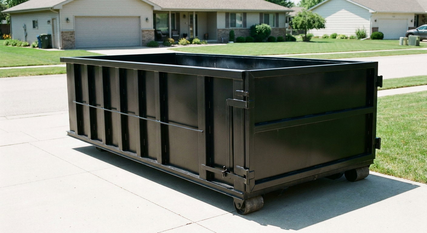 Matte-black 10-yard roll-off dumpster on a residential concrete driveway in Haverhill, uniformly painted matte black across every panel and rail, ribbed steel sidewalls and rear swing door visible, mid-day daylight.