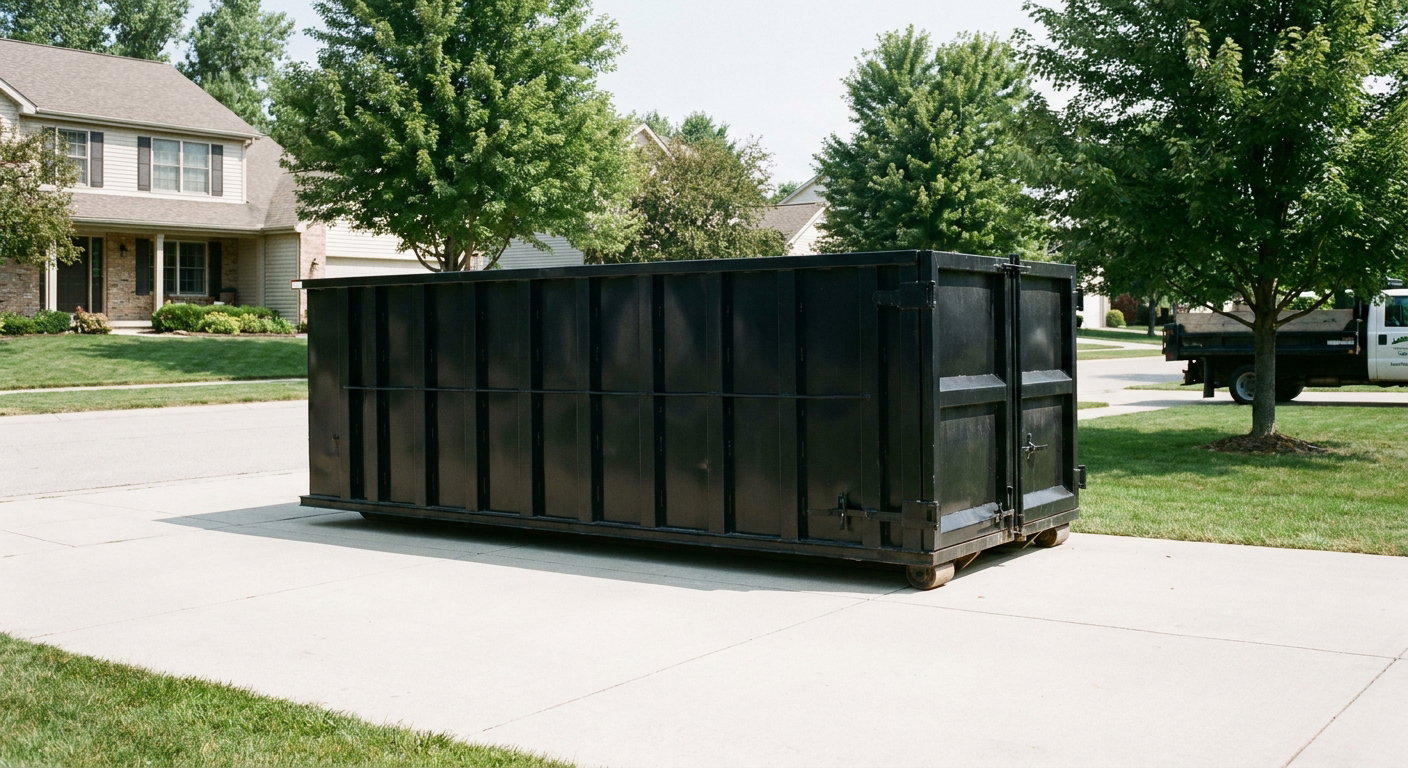 Matte-black 20-yard roll-off dumpster sitting level on a clean Haverhill residential concrete driveway under bright daylight, demonstrating clean placement directly on the concrete.