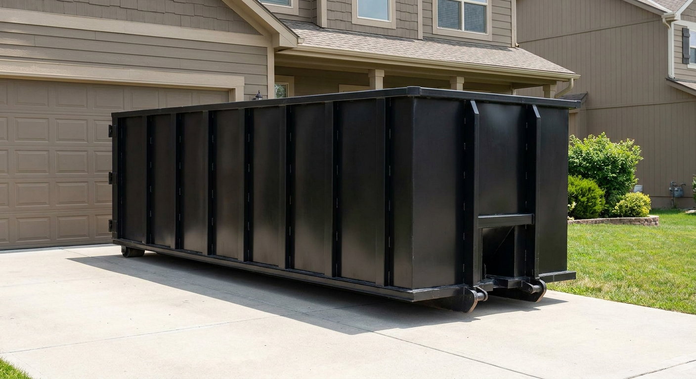 Matte-black residential roll-off dumpster sitting directly on a suburban Haverhill concrete driveway, garage door closed, single-family home in background, bright morning daylight.