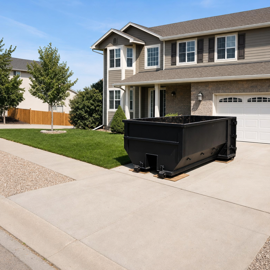 10-yard matte-black residential dumpster placed directly on a narrow Haverhill concrete driveway, room remains for a parked sedan beside it, mid-morning natural light