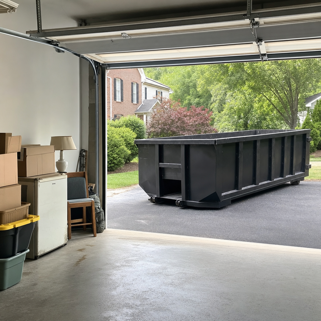 Open garage interior in a Haverhill home mid-cleanout — boxed items, an old appliance, and stacked yard tools queued near the driveway for a matte-black roll-off dumpster, organized and calm