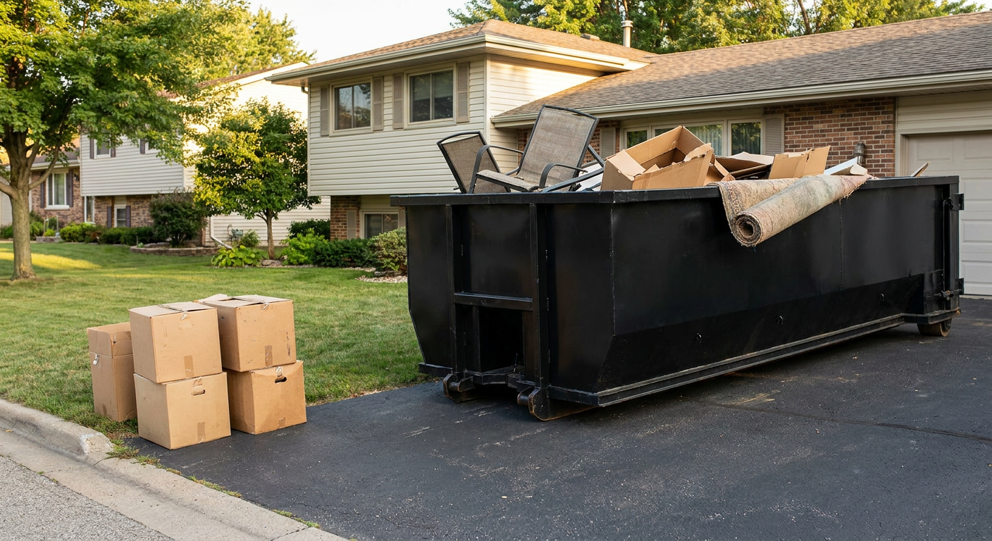 Front-yard view of a Haverhill split-level home with a 20-yard matte-black roll-off dumpster sitting directly on the asphalt driveway, a few clearly labeled donation boxes staged at the curb, calm sunny afternoon.