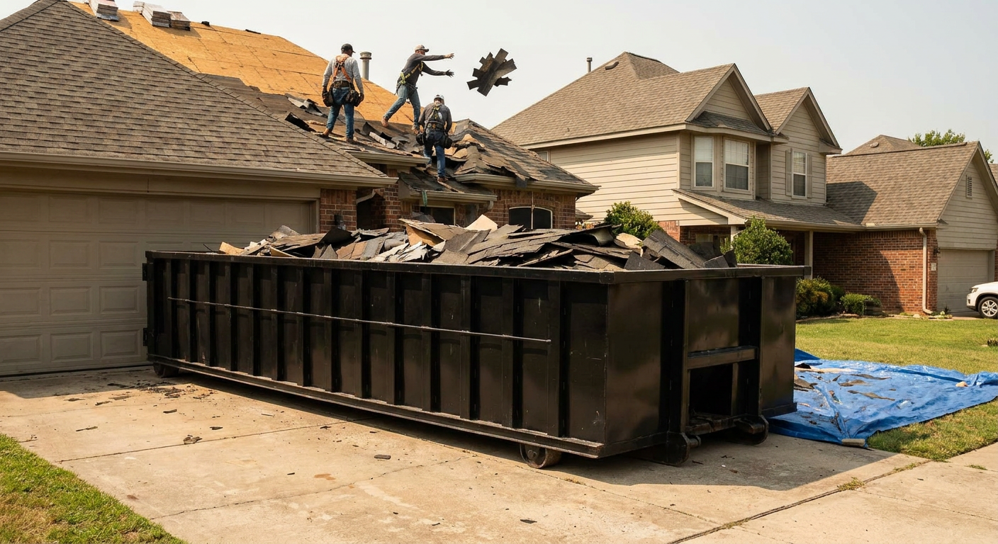 Matte-black roofing roll-off dumpster placed directly on a Haverhill residential concrete driveway, a tear-off crew on a two-story asphalt-shingle roof tossing shingle bundles into the low-walled container, bright daylight, documentary 35mm perspective.