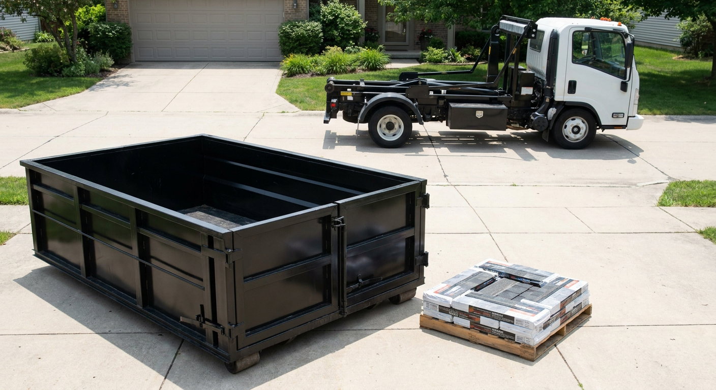 Matte-black 15-yard roofing roll-off dumpster with reinforced low side walls sitting directly on a Haverhill residential concrete driveway, three-tab asphalt shingle bundles stacked nearby, an unmarked white hauler truck partially visible at the edge of the frame.