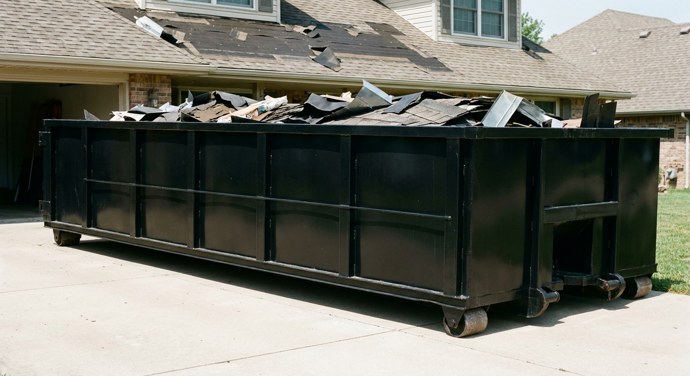 Matte-black 20-yard roofing roll-off dumpster with steel ribbed sides and swinging rear door, sitting directly on the concrete driveway of a two-story Haverhill home, asphalt shingle debris being loaded over the low wall, clean documentary lighting.