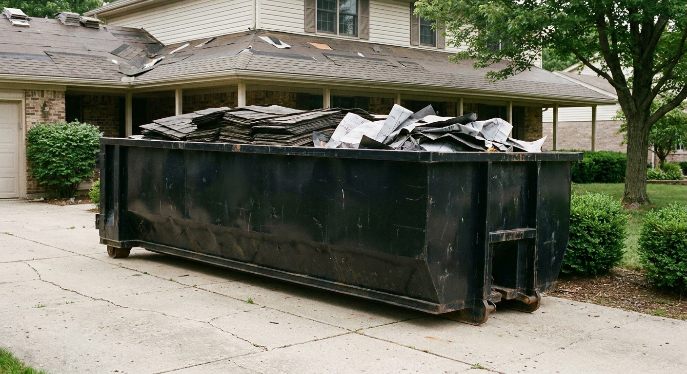 Matte-black 30-yard roofing roll-off dumpster sitting directly on a Haverhill concrete driveway, taller ribbed steel side panels, mixed tear-off debris of asphalt shingles and underlayment inside, professional documentary daylight.