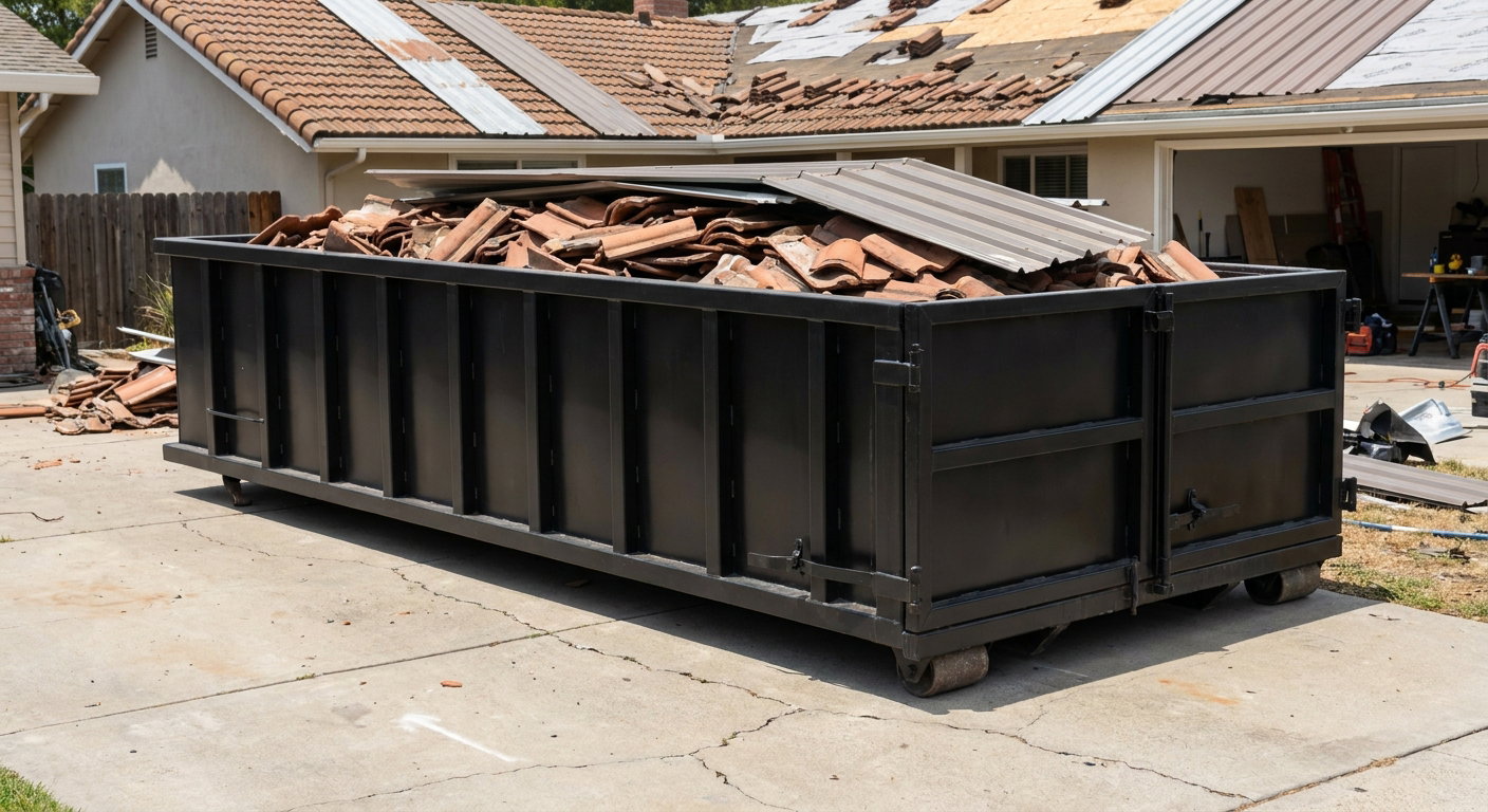 Matte-black low-wall heavy-debris roofing roll-off dumpster sitting directly on a Haverhill concrete driveway, broken concrete clay roof tiles and metal panel sections loaded inside, reinforced ribbed steel side walls visible, bright outdoor daylight.