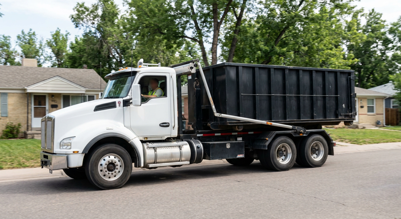 A wide documentary shot of a matte-black roll-off delivery truck pulling onto a quiet Haverhill residential street at mid-morning, with neighborhood rooftops and tree-lined blocks visible behind, showing the metro coverage footprint.