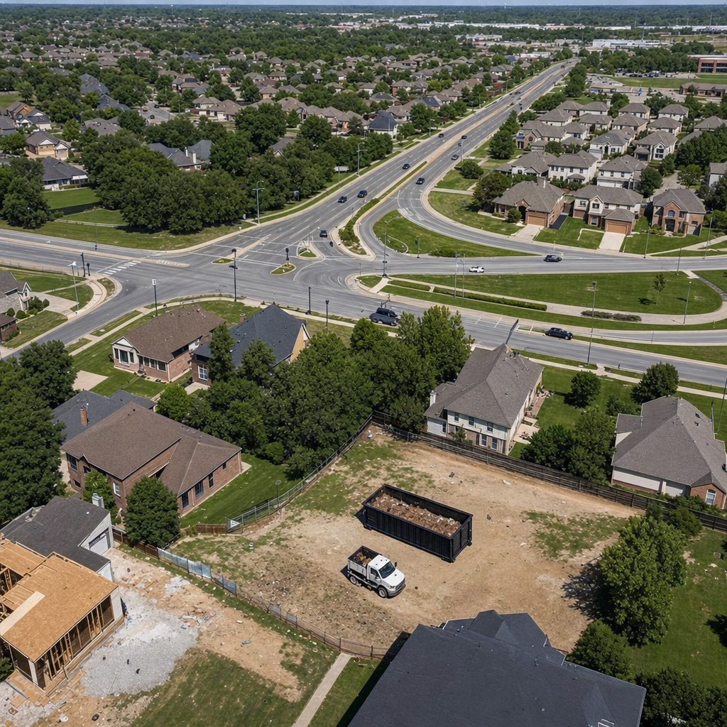 An overhead documentary view of the Haverhill metro area at midday, showing the spread of neighborhoods, arterial roads, and the dispatch radius from a central yard — clean daylight, organized geographic layout.