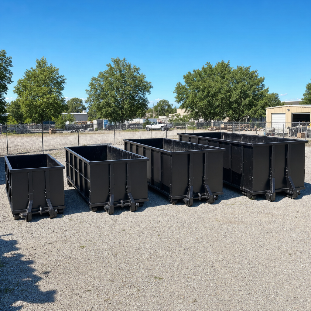 A clean lineup of matte-black roll-off dumpsters in 10, 20, 30, and 40-yard sizes staged on a sunlit gravel yard in Haverhill, showing the size progression from compact to commercial-scale containers.