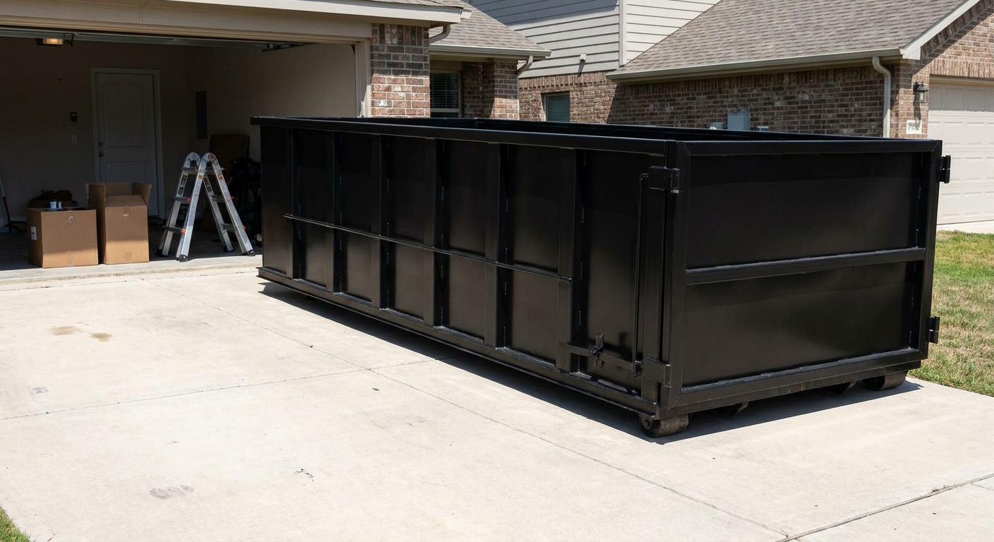 A matte-black 10-yard roll-off dumpster sitting directly on a residential Haverhill concrete driveway, mid-day sunlight, clean and ready for a garage cleanout.