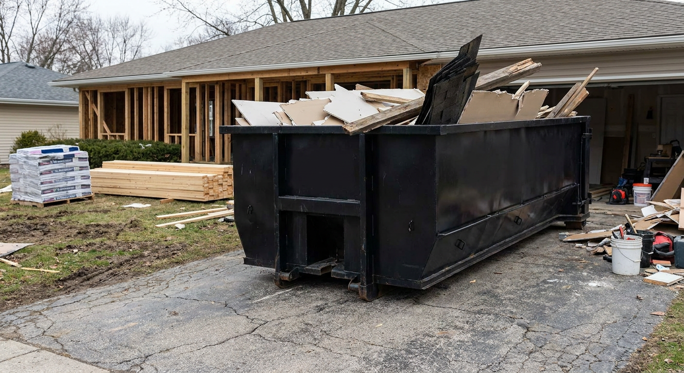 A matte-black 20-yard roll-off dumpster placed alongside a mid-renovation Haverhill home directly on the asphalt driveway, with framing materials and torn-off shingles staged neatly nearby.