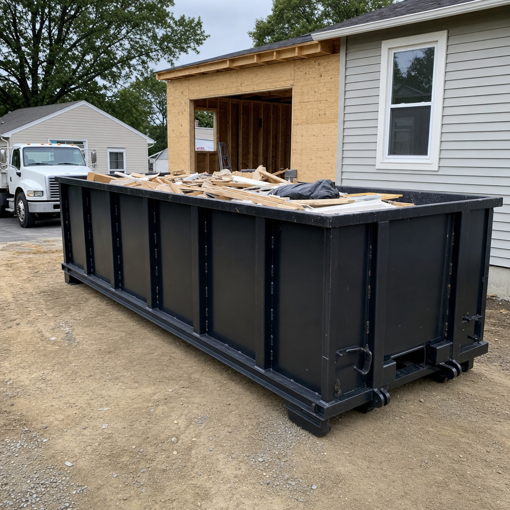 A matte-black 30-yard roll-off dumpster positioned at a Haverhill residential addition jobsite, with framing lumber and drywall scraps loaded through the open swinging rear doors.