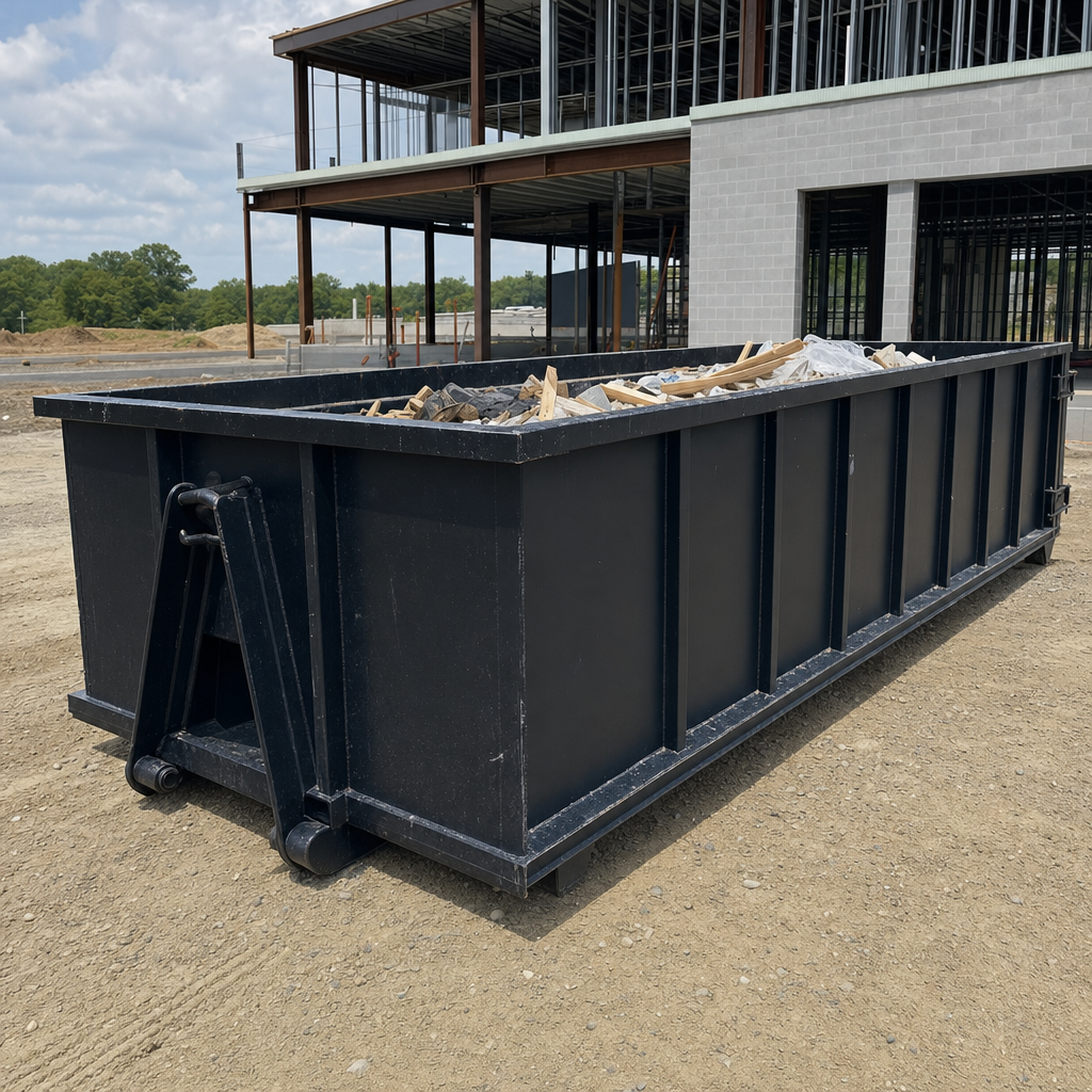 A matte-black 40-yard roll-off dumpster staged on a large Haverhill commercial construction lot, with a hooklift delivery truck parked alongside under bright midday sky.