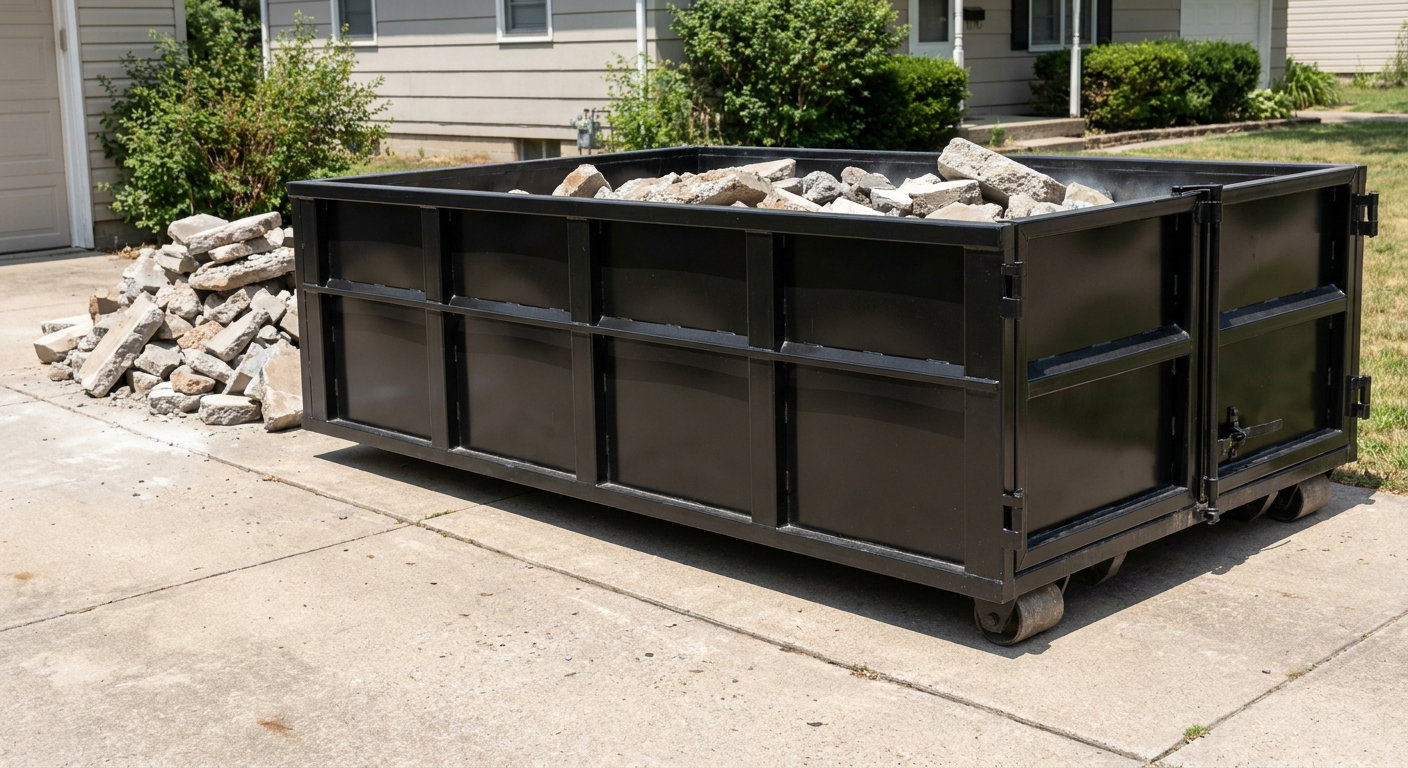 A matte-black low-side heavy-debris roll-off dumpster placed directly on a Haverhill concrete driveway, with broken concrete chunks neatly stacked beside it under clean daylight.